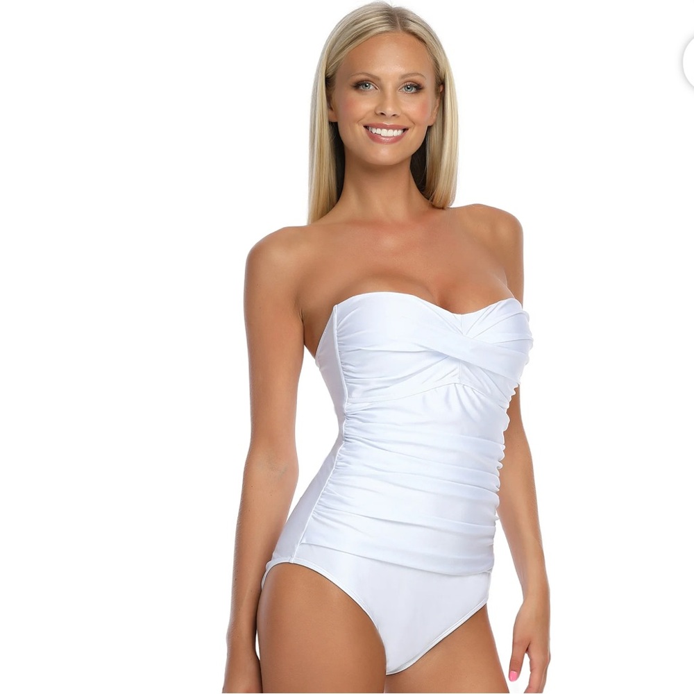 RELLECIGA Twist Front Ruched Strapless One Piece Swimsuit White NWOT